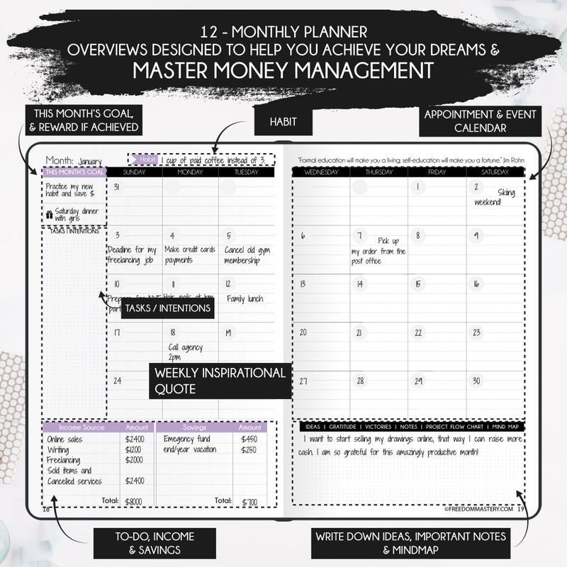 Freedom Mastery Budget Planner and Monthly Bill Organizer - Finance Planner  12-Month Journey to Financial Freedom | Bill Payment Tracker Monthly Organizer  Money Saving & Expense Tracker | Undated Budgeting Journal - Image 5